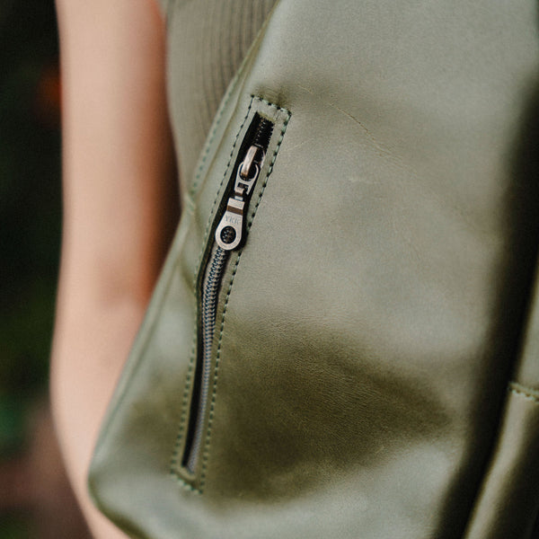 Vegetable-Tanned Leather Sling Backpack — Sage