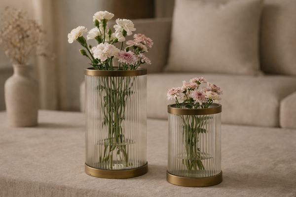Ribbed Glass Brass Hurricane Holder