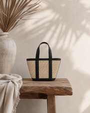Leather Trim Cane Weave Carryall Bag