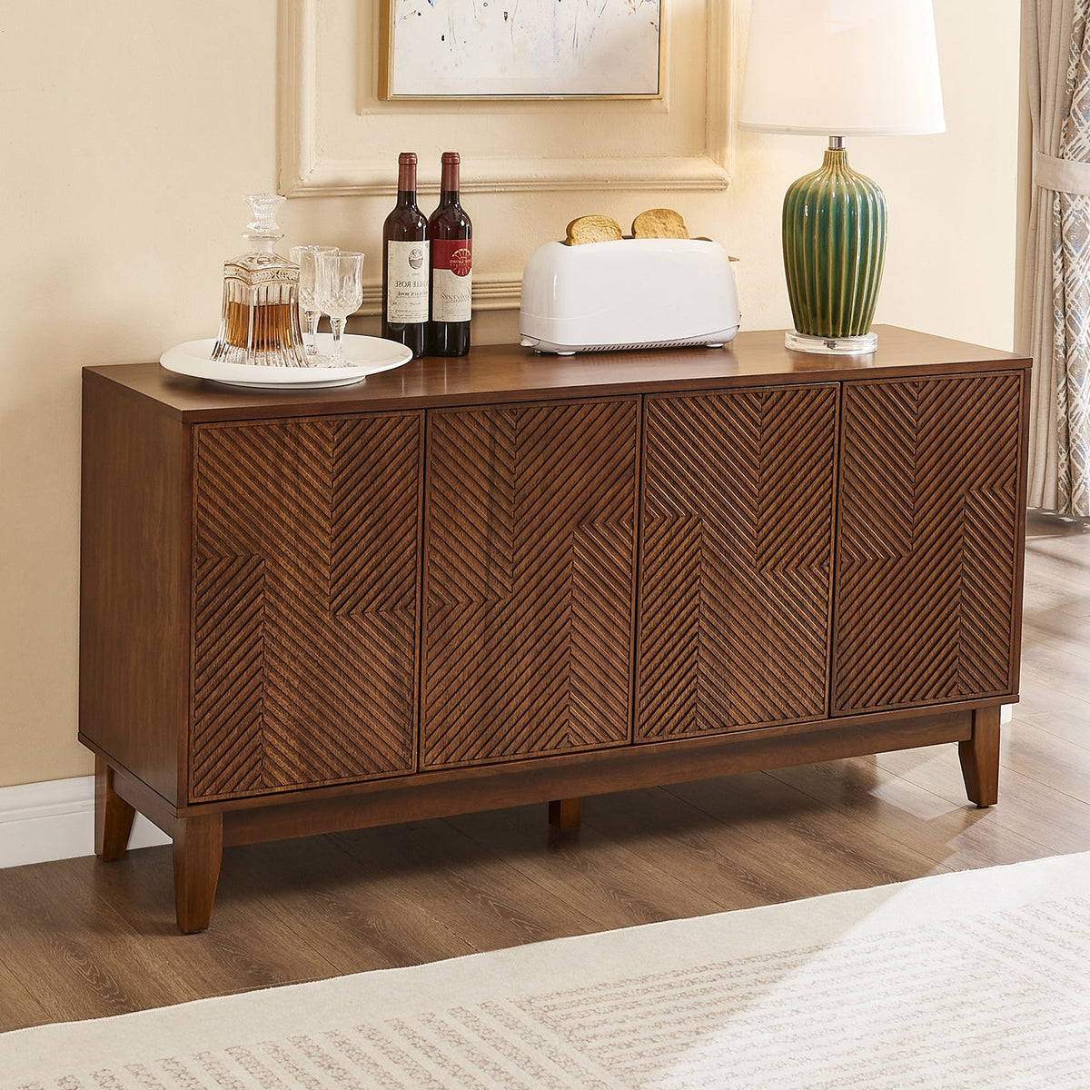 Walnut Finish Geometric 4-Door Sideboard Cabinet, 56 in
