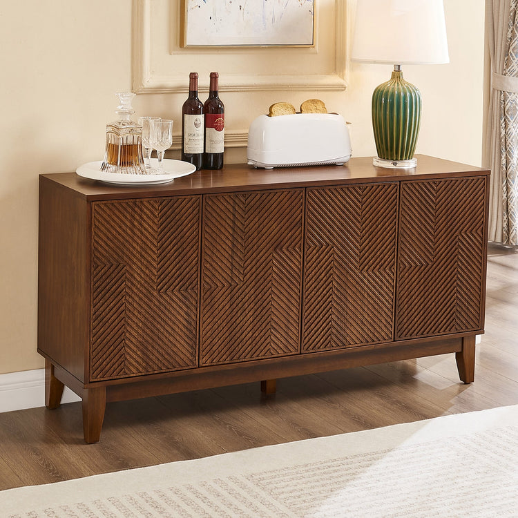 Walnut Finish Geometric 4-Door Sideboard Cabinet, 56 in