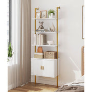 White Oak & Gold Ladder Bookshelf with Cabinet, 5-Tier