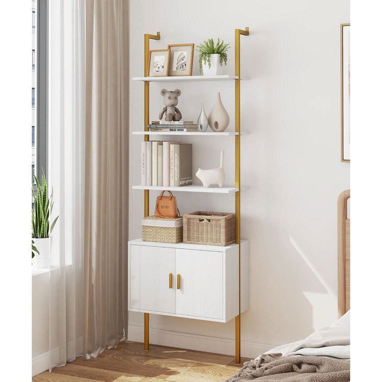 White Oak & Gold Ladder Bookshelf with Cabinet, 5-Tier