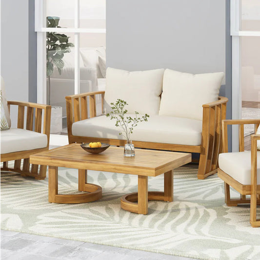 Acacia Wood Outdoor Loveseat Set — Acacia loveseat and coffee table set with cream cushions for outdoor use