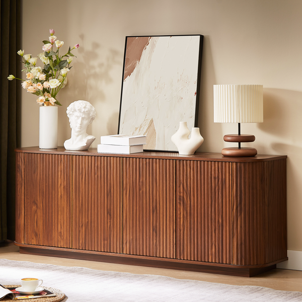 Reeded Walnut-Finish Sideboard Cabinet, 64 in