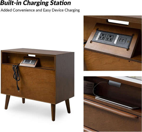 Walnut-Finish Charging Nightstand Two-Drawer