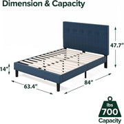 Navy Linen-Look Upholstered Platform Bed Frame