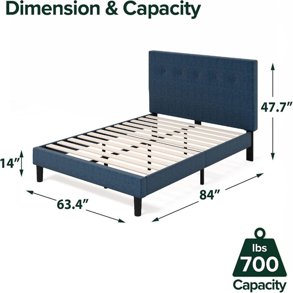 Navy Linen-Look Upholstered Platform Bed Frame