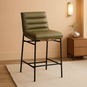 Olive Vegan Leather Channel-Tufted Counter Stool