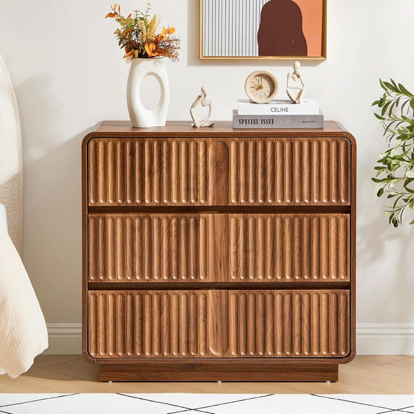 Fluted Walnut-Finish Three Drawer Dresser
