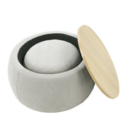 Upholstered Round Storage Ottoman Table — detail of finish and surface variation