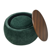 Chenille Round Storage Ottoman Coffee Table — close-up of label and production detail