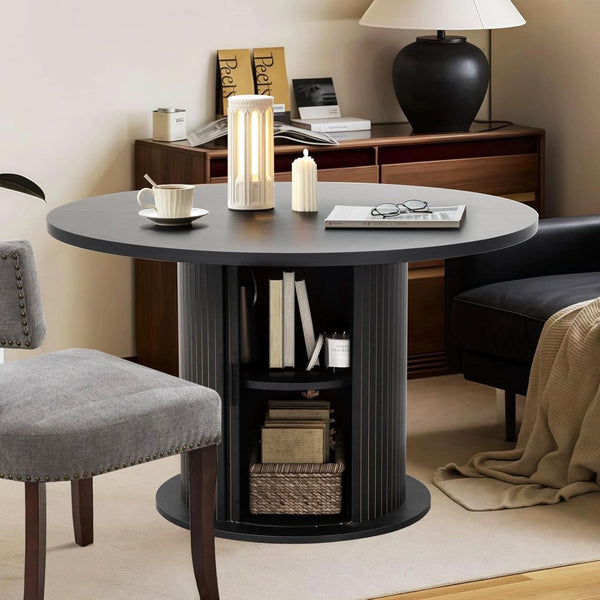 Round Black Pedestal Dining Table with Storage