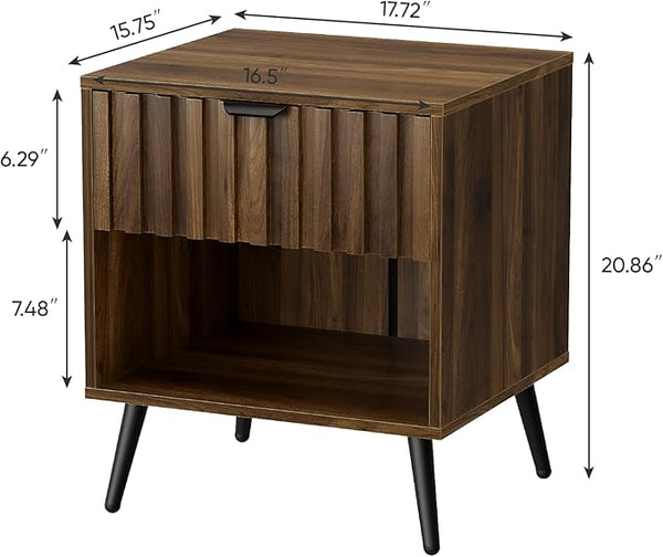 Walnut Fluted Nightstand with Drawer & Open Shelf