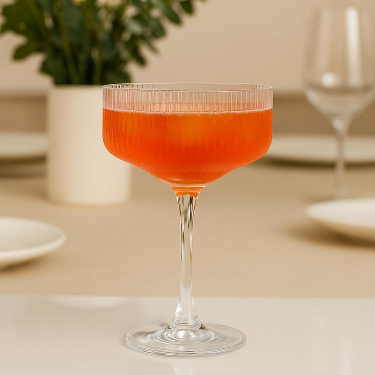 Ribbed Crystal-Clear Coupe Glass Set — Set of four ribbed lead-free crystal coupe glasses, 10oz, clear