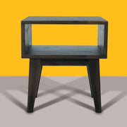 Open-Shelf Acacia Wood Nightstand — close-up of label and production detail