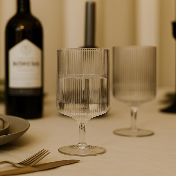Ribbed Clear Glass Wine Goblets — Clear ribbed glass goblets, sold as a set of two for everyday and occasion use