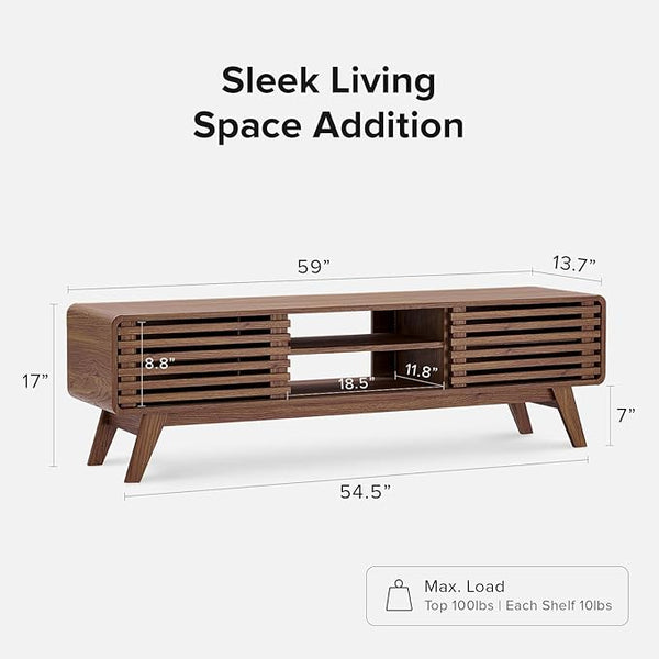 Walnut 59-Inch Mid-Century TV Stand with Storage