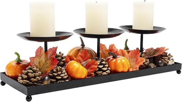 Triple Pillar Matte Black Candle Holder Tray