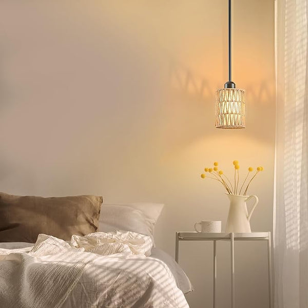Natural woven tan pendant light, cylindrical shade