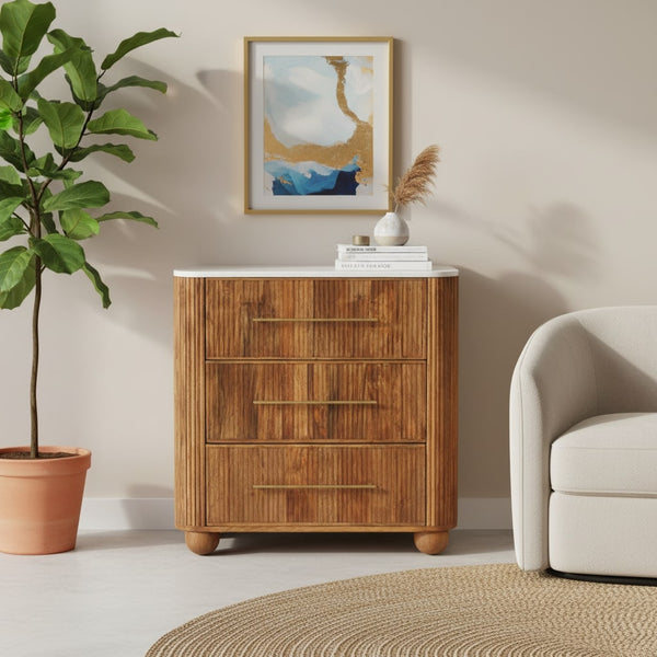 Fluted Mango Wood Marble-Top Nightstand