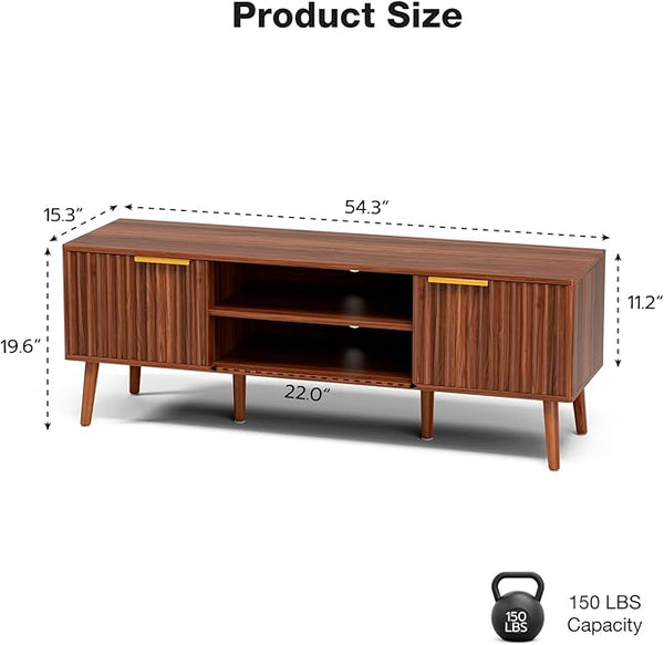Walnut Fluted TV Stand with Storage & Open Shelves