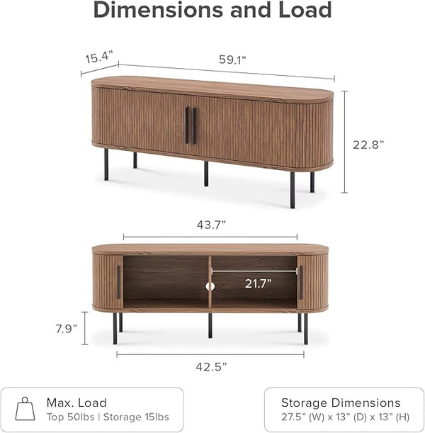 Walnut 59-Inch Tambour TV Stand with Storage