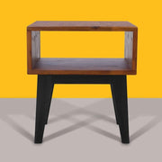 Open-Shelf Acacia Wood Nightstand styled with books and ceramics on a wall