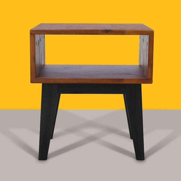 Open-Shelf Acacia Wood Nightstand styled with books and ceramics on a wall