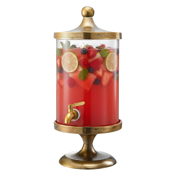 Gold-Finish Glass Beverage Dispenser — Gold-finish glass dispenser with aged metal pedestal base and spigot