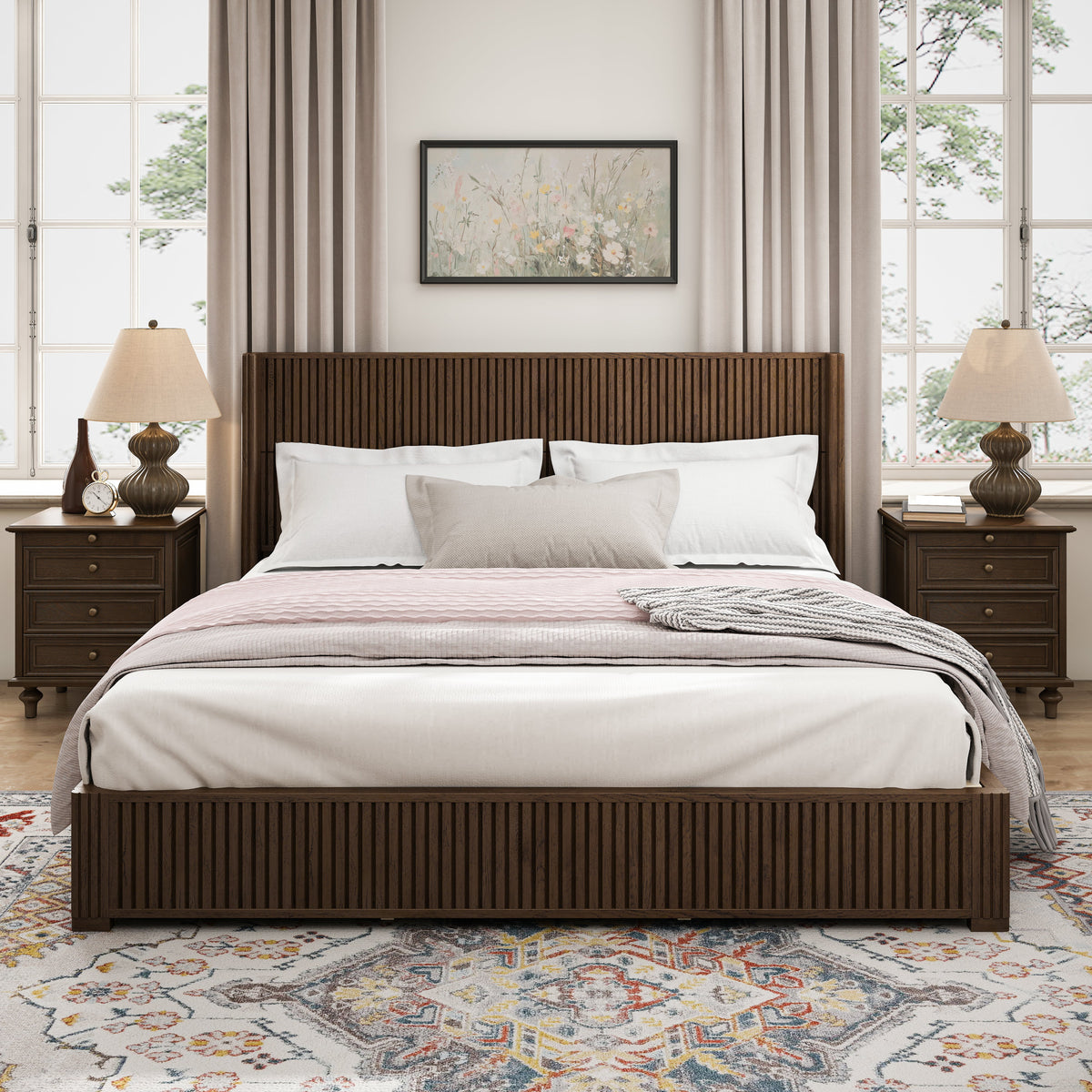 Walnut Finish Rubberwood Platform Bed Frame, King