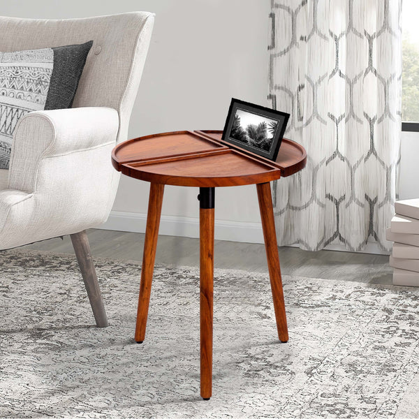 Sectioned Acacia Round Side Table — Three-section acacia top, tapered legs, matte black metal fittings — a quiet daily