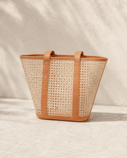 Leather Trim Cane Weave Carryall Bag