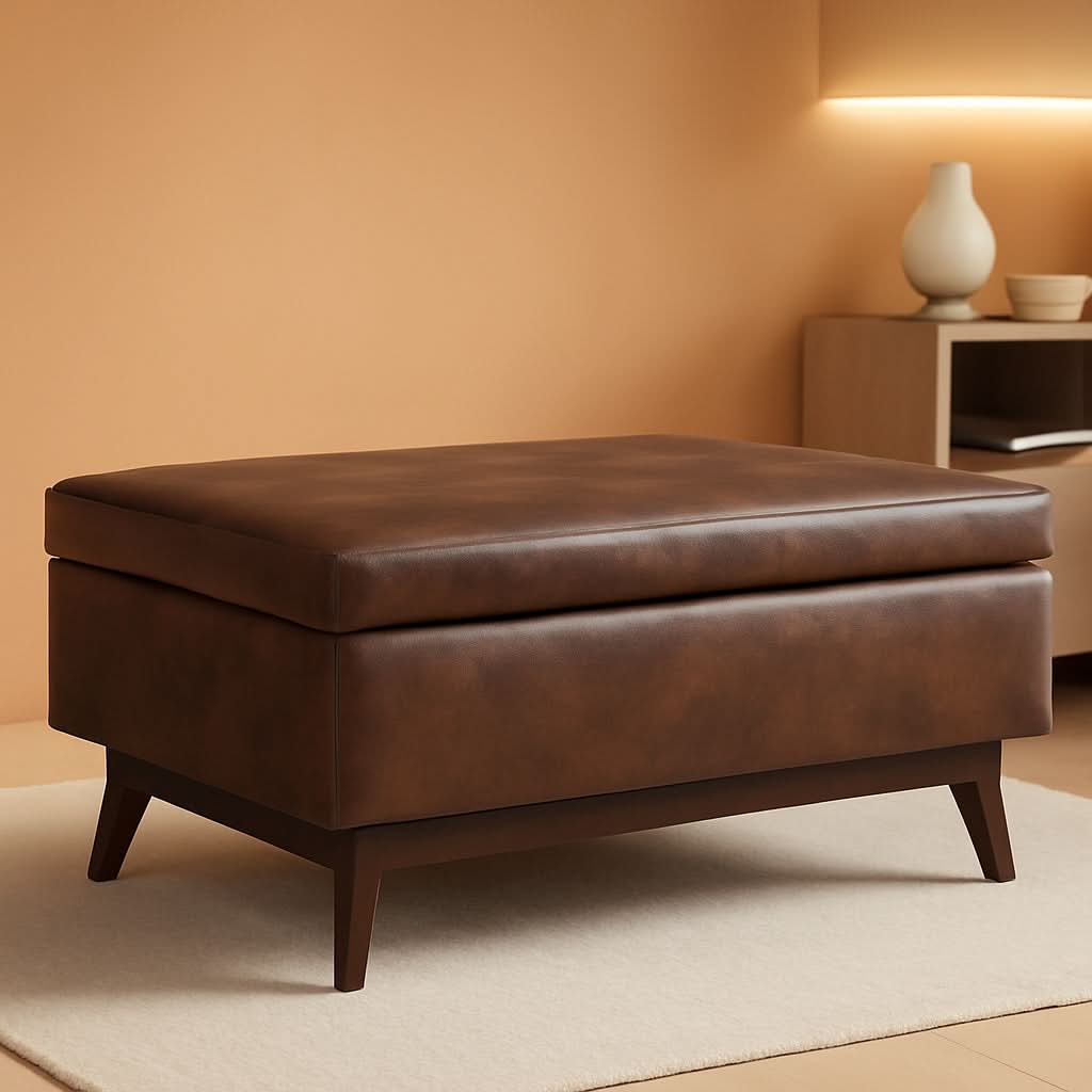 Brown ottoman, rectangular cushioned top