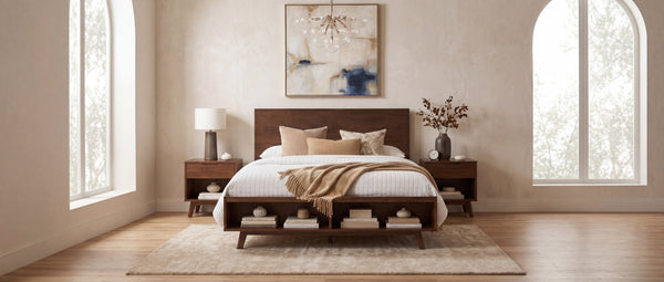 Walnut Platform Queen Bed Frame with Footboard Storage