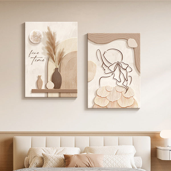 Embossed Canvas Abstract Wall Print — Dimensional canvas-finish print in warm cream and umber tones, eight compositions