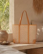 Leather and Rattan Cane Tote Bag
