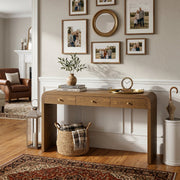 Walnut Finish Curved Console Table, 3-Drawer