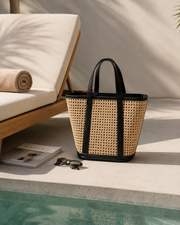 Leather Trim Cane Weave Carryall Bag