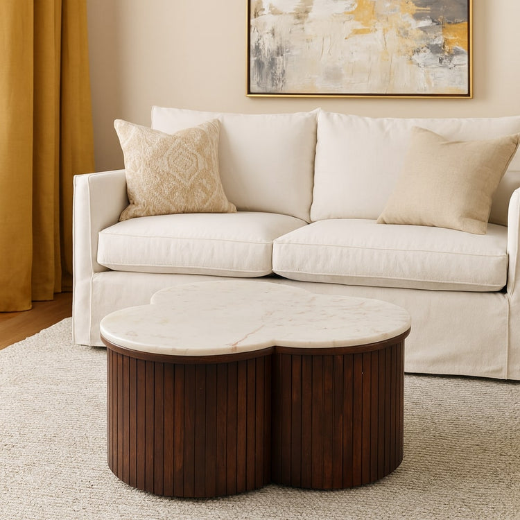 Fluted Mango Wood Marble-Top Coffee Table