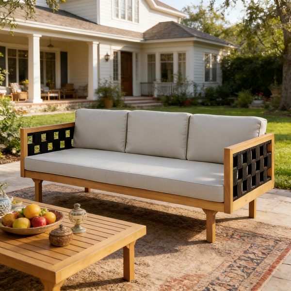 Rope-Woven Acacia Outdoor Daybed — Acacia daybed with woven rope panels and full-width cushions for outdoor lounging