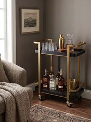 Antique Brass Metal Bar Cart with Ash Wood Trays