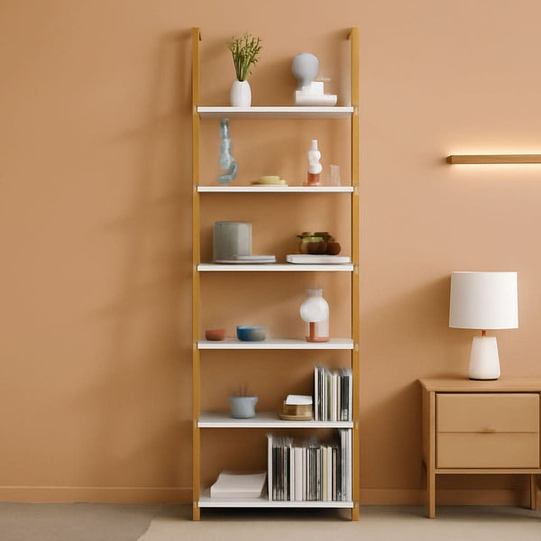 Marble-Print Six-Tier Ladder Bookcase – book case, in 6-tiers white | Roost & Roam