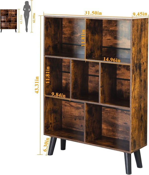 Retro Brown 7-Cube Open Bookshelf, 3-Tier