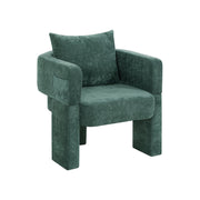 Chenille Three-Leg Accent Chair styled on a sunlit patio with side table