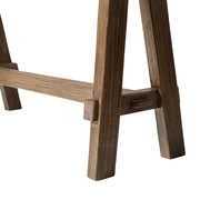 Reclaimed Elm Trestle Console Table — close-up of label and production detail