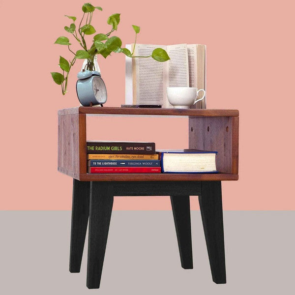 Open-Shelf Acacia Wood Nightstand — detail of finish and surface variation