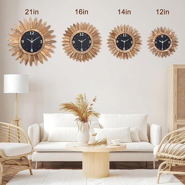 Rustic Brown 14-Inch Wood Sunburst Wall Clock