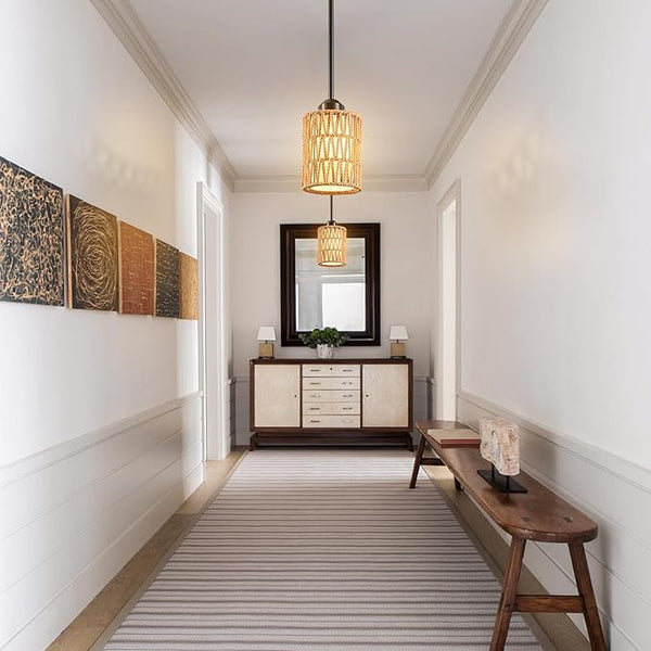 Two tan Rattan Linen Pendant Ceiling Light pendant lights, cylindrical woven shade
