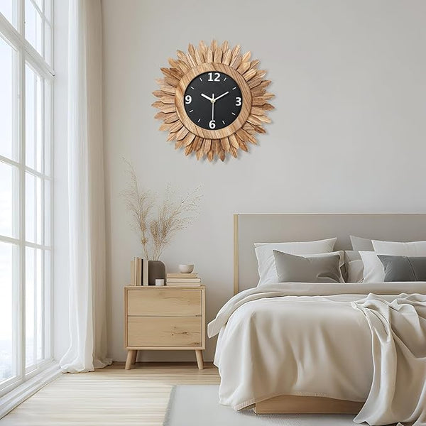 Rustic Brown 14-Inch Wood Sunburst Wall Clock